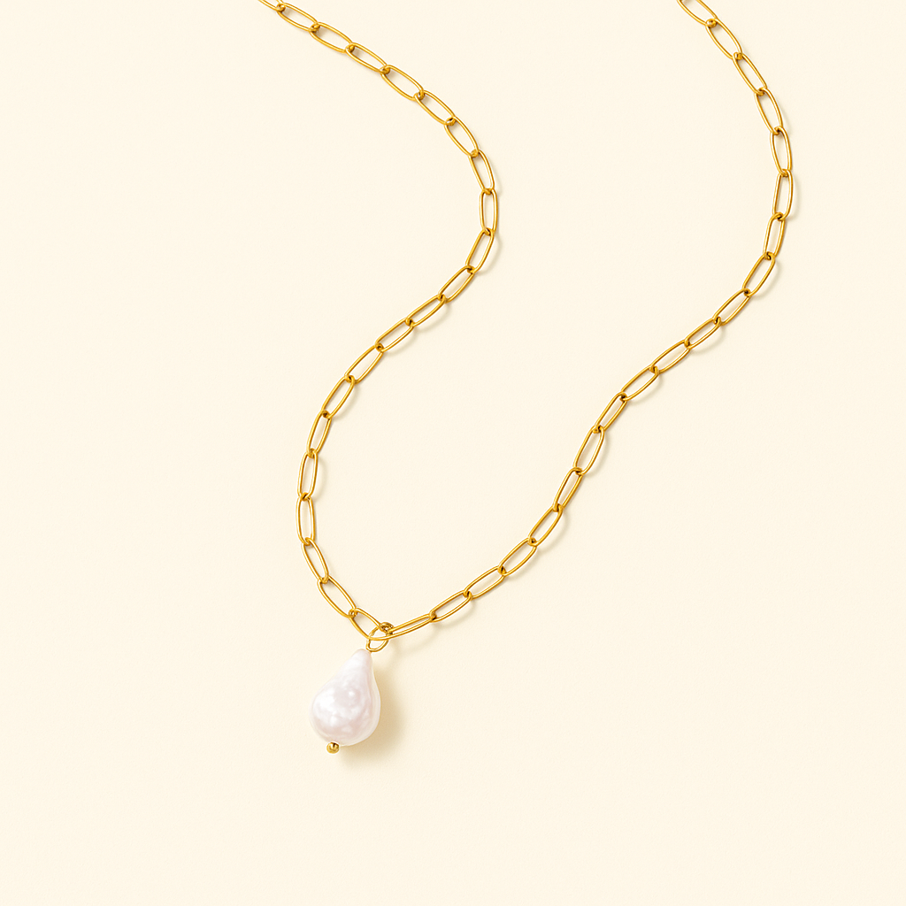 KOS Gold Paperclip Necklace with Pearl